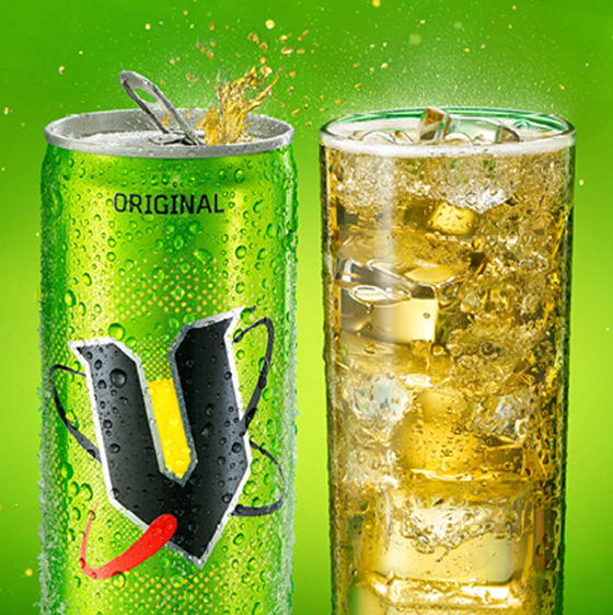 A can of the original V Energy can next to a glass of V