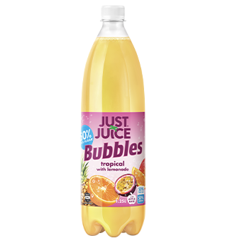 Bottle of Just Juice Bubbles Tropical 50% Less Sugar