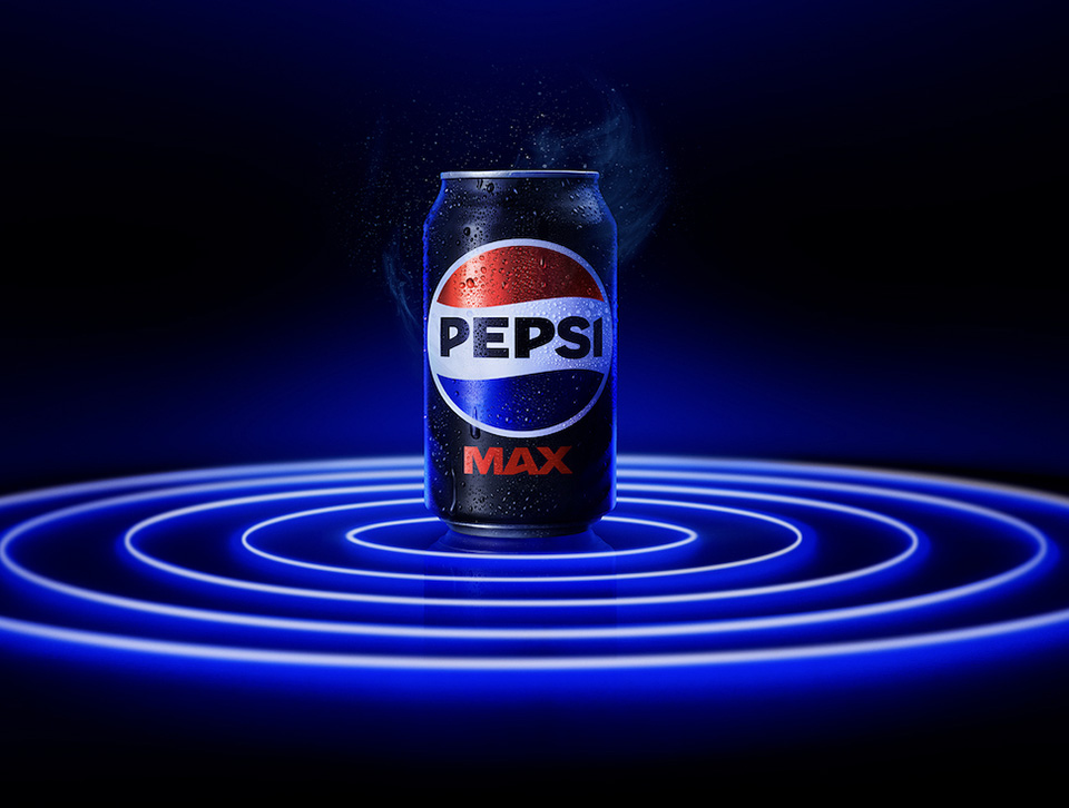 Pepsi can standing on a neon blue background with circular laser lights