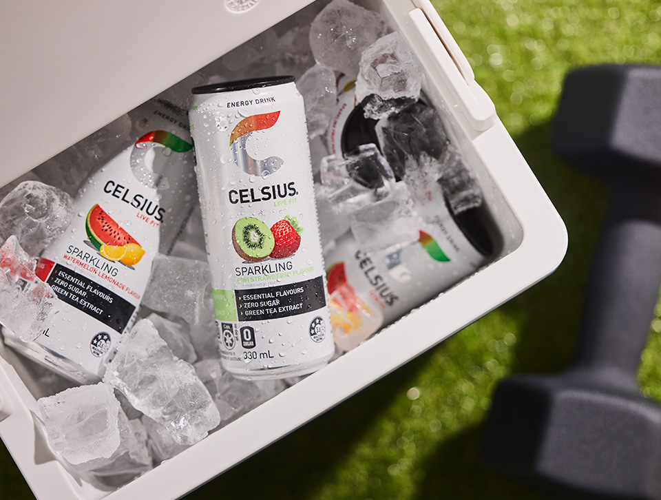 Cans of Celsius in a esky with ice