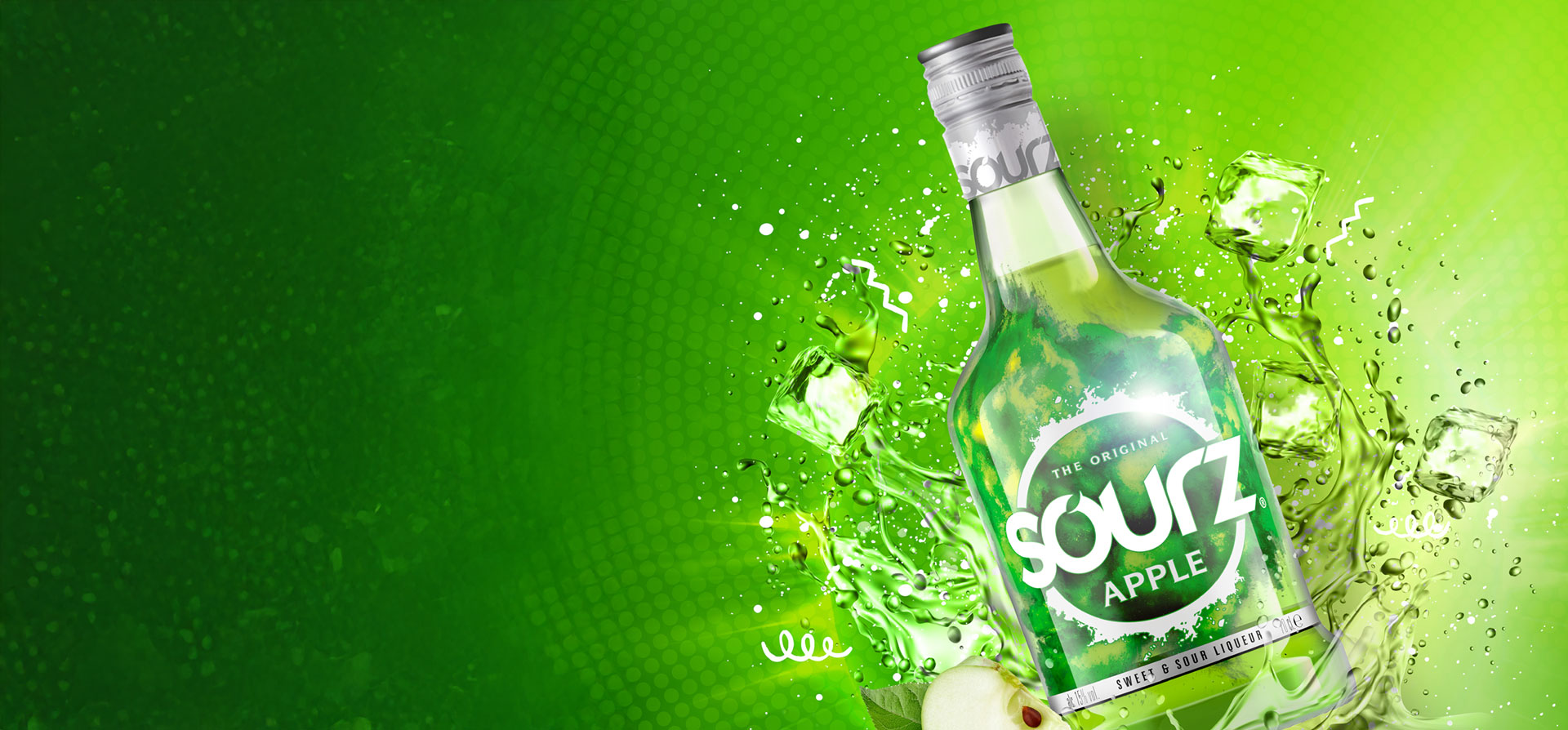 Sourz bottle on a green background with apples