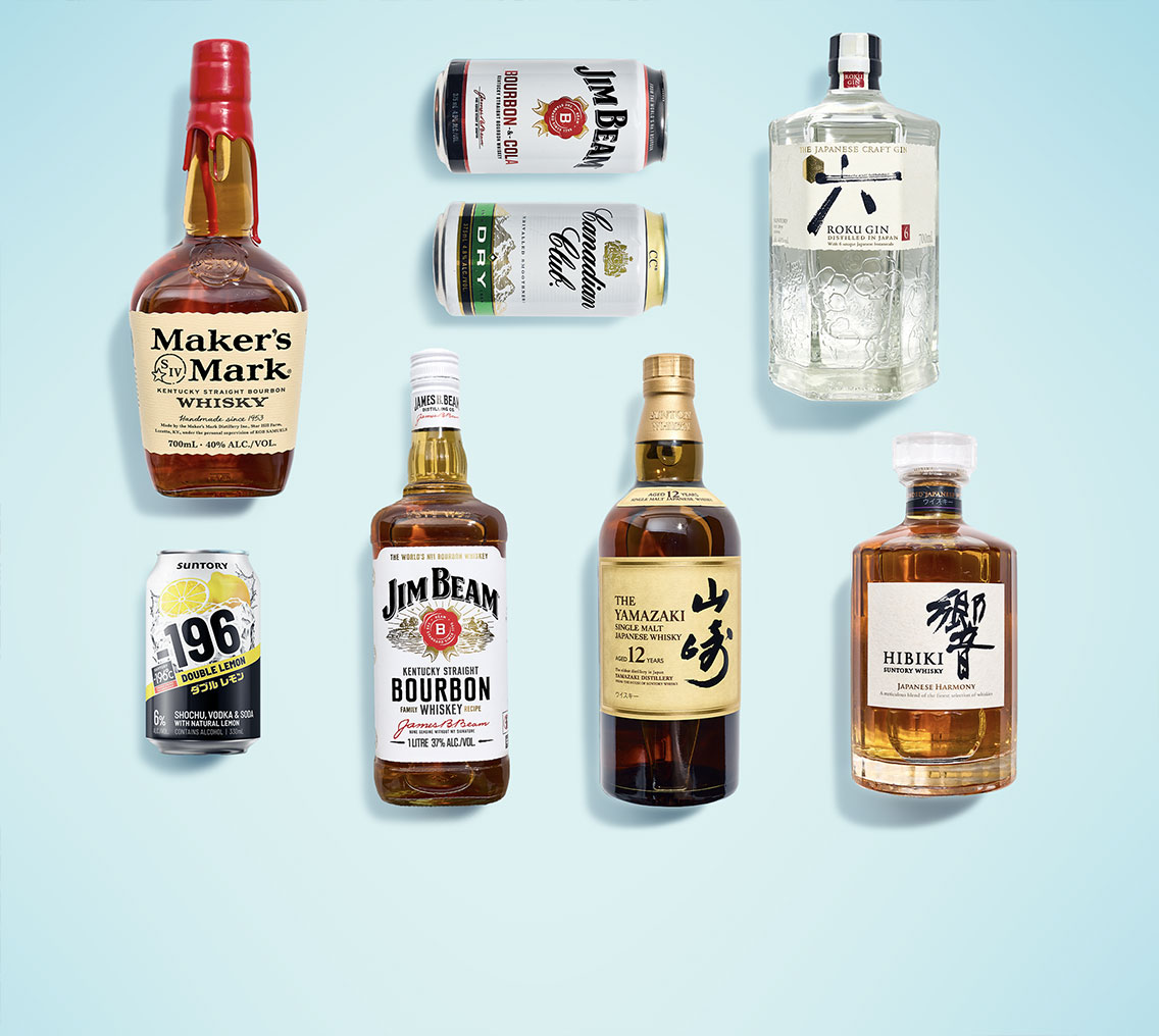 Top view of Maker's Mark, Jim Beam, Canadian Club, Roku, Yamazaki and Hibiki bottles