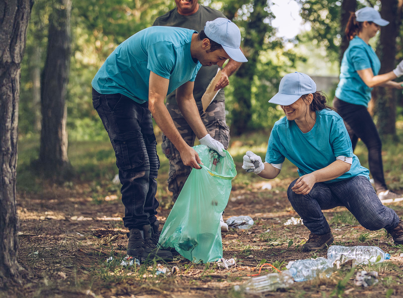 Team of people planting a tree in the forest