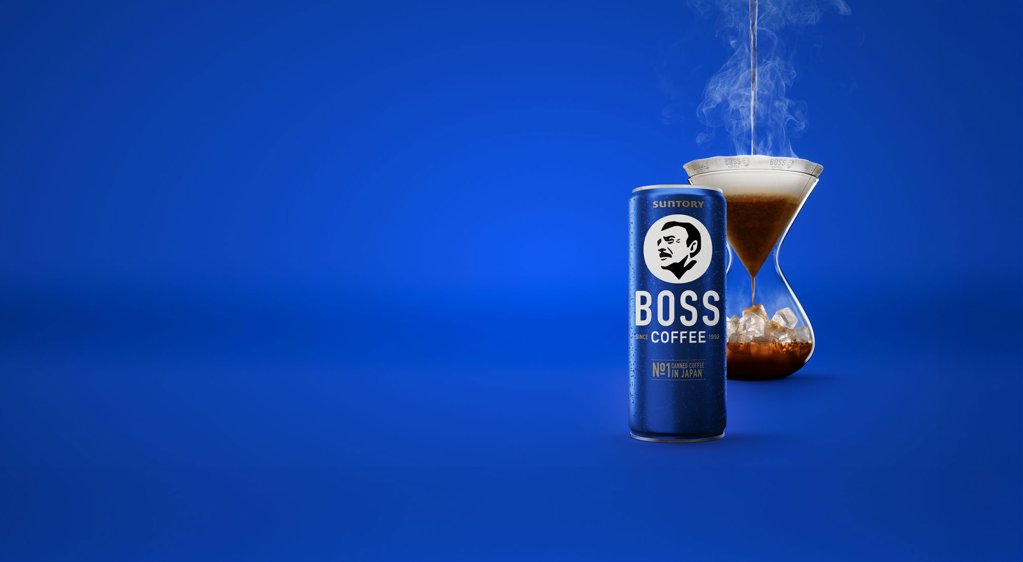 Can of BOSS Coffee and a coffee filter on a blue background