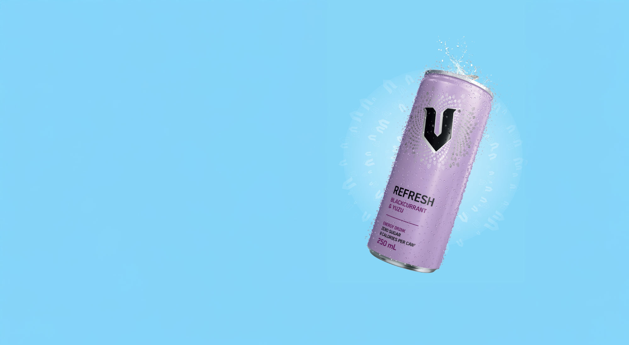 V Refresh Yuzu and Black Currant can on a light blue background